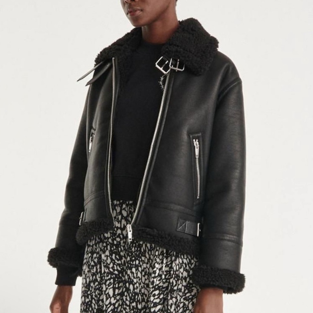 The Kooples Aviator Faux Shearling Vegan Leather Jacket Coat Black Small NWOT